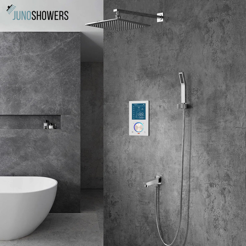 Système de douche thermostatique en acier inoxydable avec pomme de pluie carrée et jet réglable