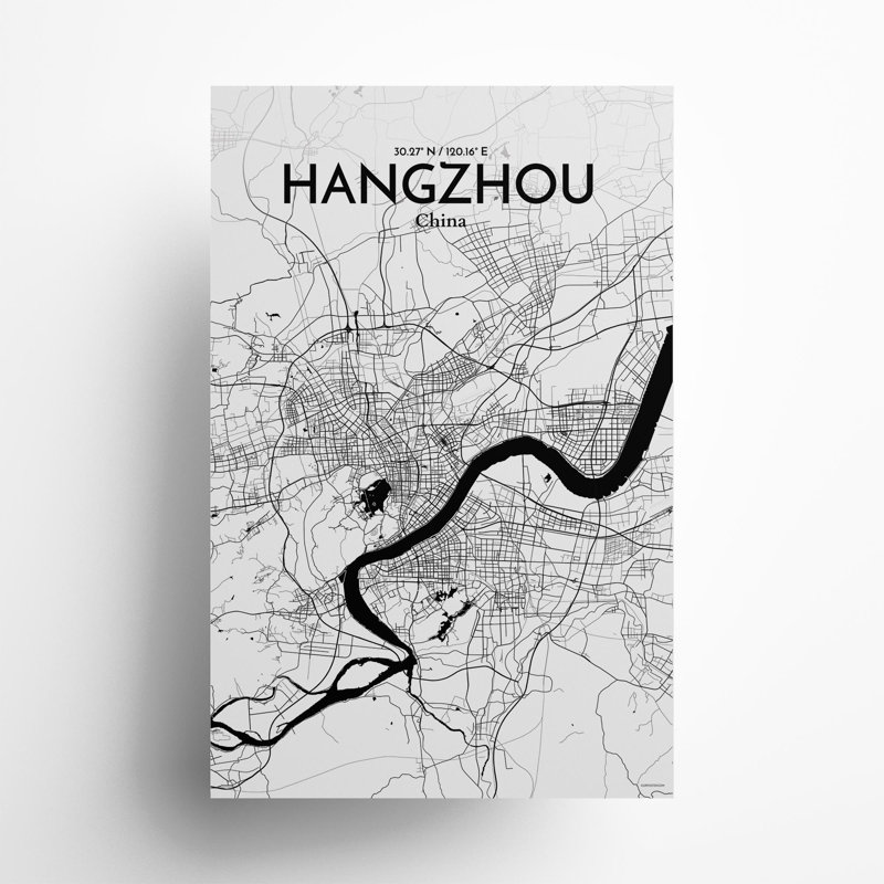 " Hangzhou China|中國 City Map ", 17" H x 11" W, Black/White