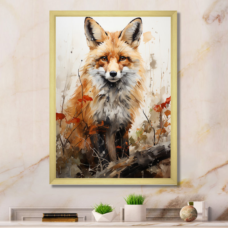 Fox Wilderness Observer - Art mural de renard pour le salon, H 40 po x l 30 po x P 1,5 po, Cadre doré simple