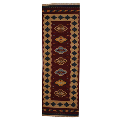 Tapis oriental en laine tissé à plat à la main rouge / noir / beige Kilim