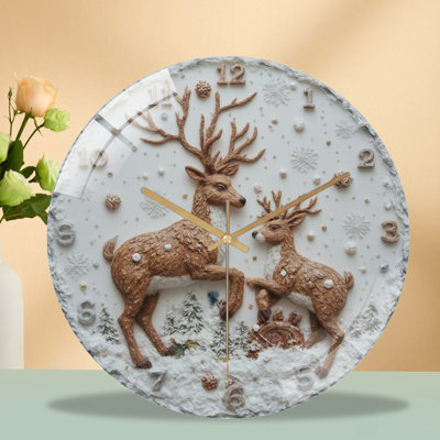 Clock-Face-With-Deer-In-Snow Art - 12‘’ Modern Glass Wall Clock