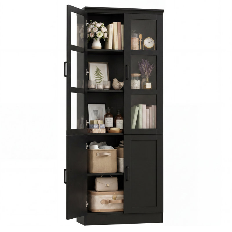 79.7'' H Bathroom Cabinet With Adjustable Shelves, Wood Storage Bathroom Cabinet With Glass Doors, BLACK