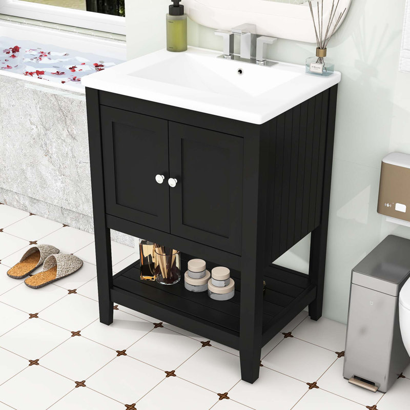 Meuble-lavabo de salle de bain avec lavabo en céramique, armoire de rangement et tablette ouverte