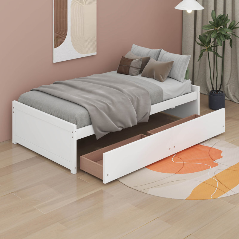 Lit plateforme simple en bois avec 2 tiroirs, lit plateforme en bois, Blanc