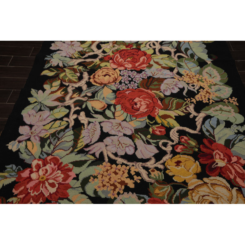 Tapis traditionnel noir en laine tissé à la main 6 x 9