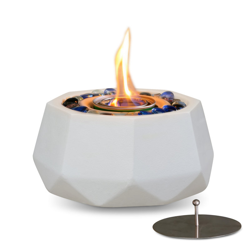 Concrete Look Tabletop Gel Fuel Fire Bowl With Glass Beads & Stainless Steel Lid