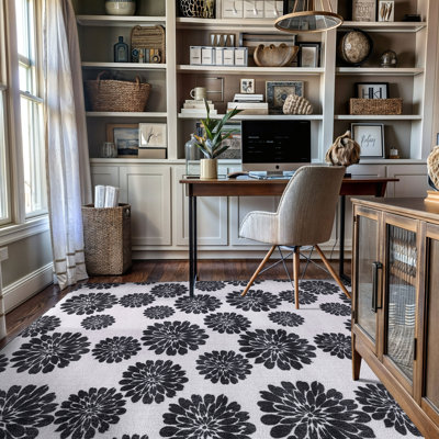 Tapis intérieur antidérapant lavable à la machine à motif floral anthracite