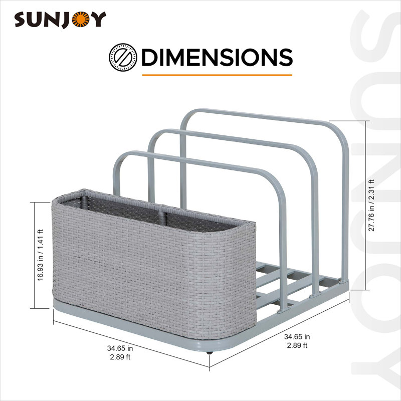 Étagère de rangement surdimensionnée Sunjoy 35 po pour bouées de piscine, cadre en aluminium antirouille, résine tressée facile à nettoyer, organisateur de bord de piscine pour coussins, bouées, frites de piscine et jouets de piscine, gris