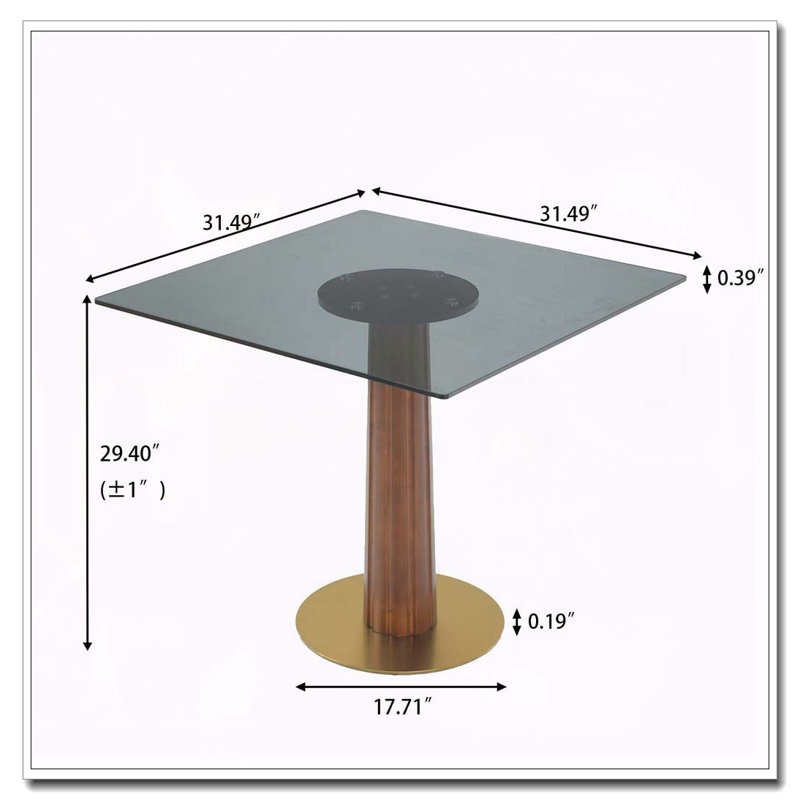 Table de salle à manger moderne carrée, table en verre trempé de 33,5 po avec pieds en bois et base dorée, table de cuisine pour 2 personnes pour petit espace, capacité de poids de 150 lb (seulement la table de Négociation)