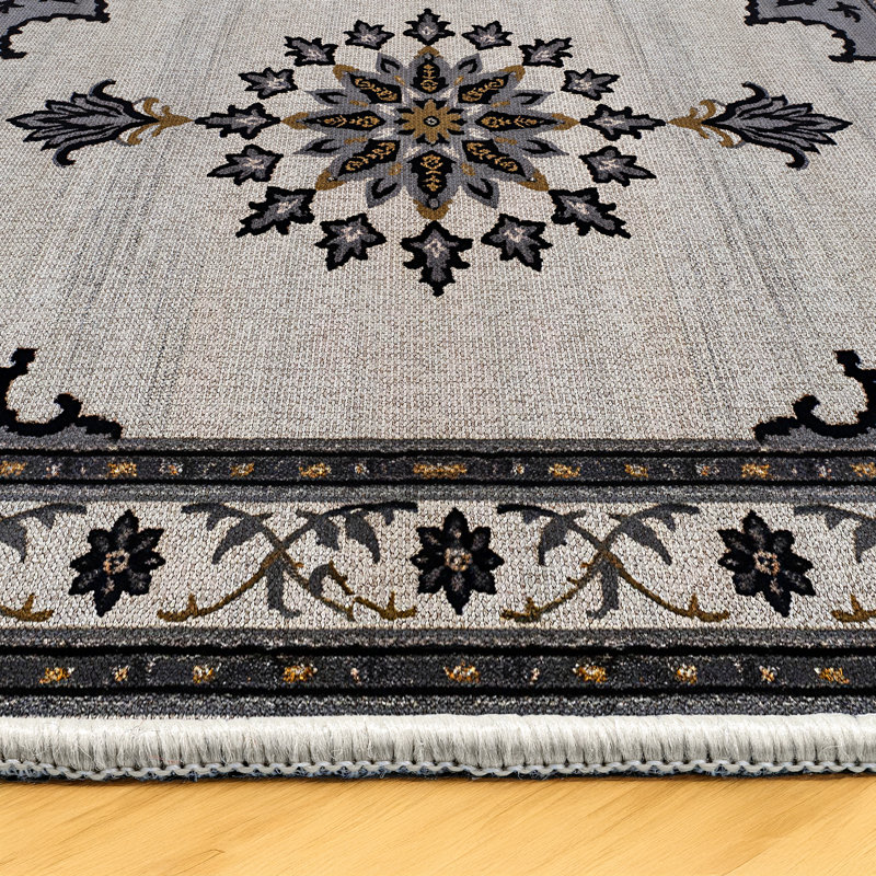 Isabel Collection Digital Print Cotton-Polyester Gray Moroccan Rug, Round 6'7"