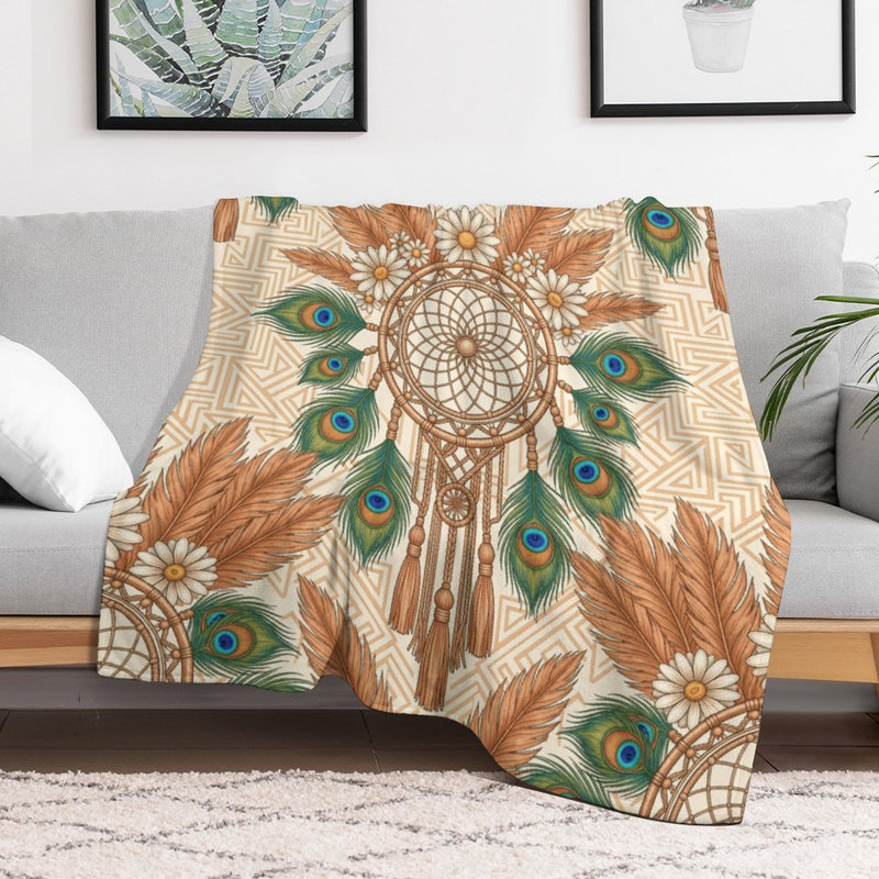 Jeté en flanelle de luxe Dreamcatcher Peacock Feathers Moon Daisy, 30 po x 40 po