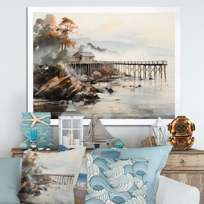 Pier Misty Morning Pier I sur impression sur toile, H 30 po x l 40 po x P 1,5 po, Cadre simple blanc