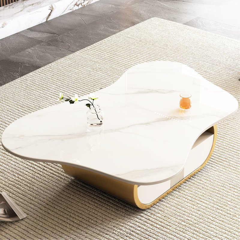 Modern Butterfly Coffee Table With Open Shelf Storage And Sintered Stone Top For Interiors Base Built - In Drawer Minimalist Spaces