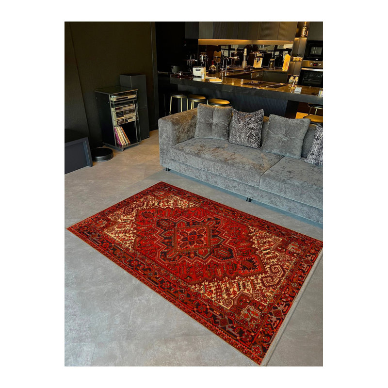 Tapis décoratif lavable à motif traditionnel rouge, Tapis de couloir 3 pi 3 po x 9 pi 10 po