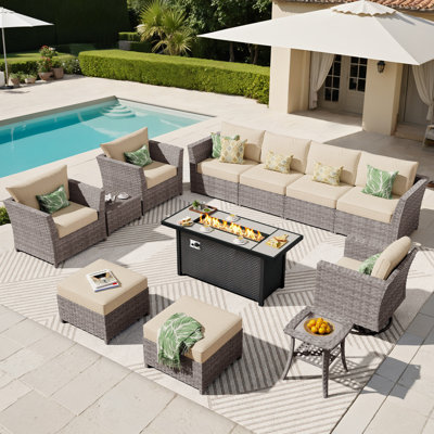 Ensemble de mobilier de patio pour 9 personnes avec assemblage à bascule pivotant, ensemble de conversation modulaire en rotin et osier avec coussins, ensemble de conversation avec canapé toutes saisons avec table de foyer 54 po