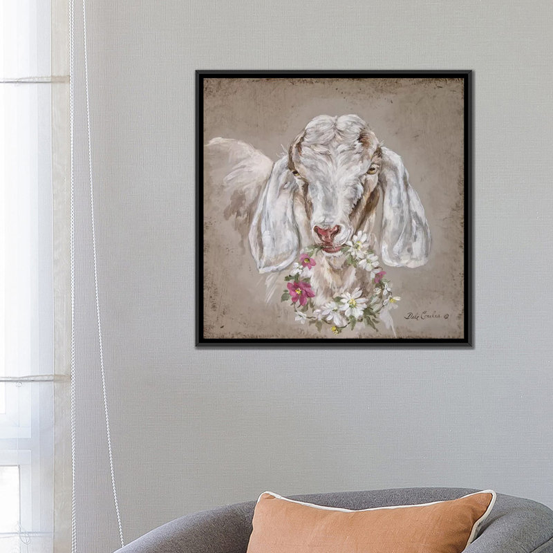«Goat with Wreath», peinture sur toile, H 18 po x l 18 po x P 1,5 po, Toile avec cadre noir, Pas de tapis