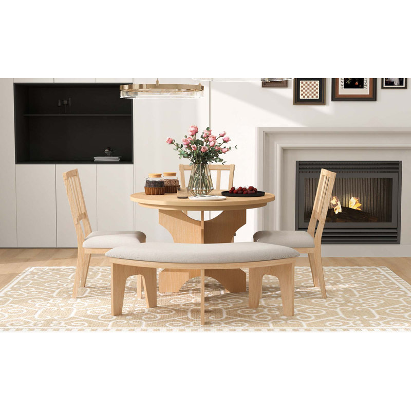 Ensemble de salle à manger de charme rustique avec table ronde en bois, chaises rembourrées et banc incurvé, Naturel