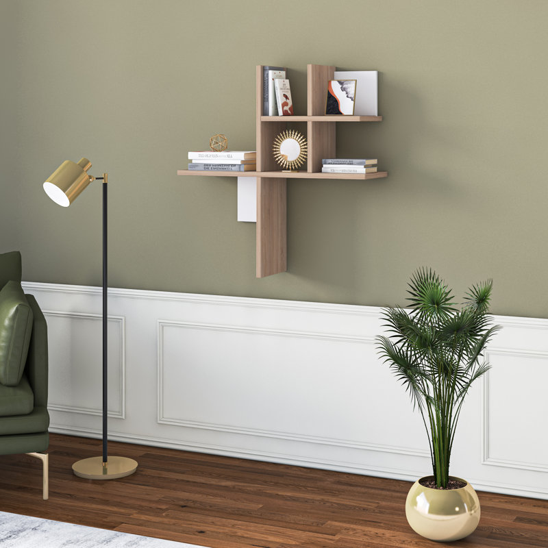 5 Piece Floating Shelf, White/Light Walnut