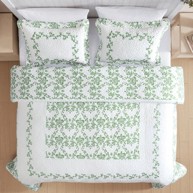 Couvre-lit matelassé brodé Lovely Damask, Sauge, Ensemble de courtepointe très grand