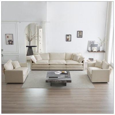 Ensemble de canapé 3, 1 + 1 + 3 sièges, ensemble de canapé de salon, fauteuil d'appoint, causeuse et canapé à trois places, ensemble de canapés à accoudoirs ronds de style moderne 3 pièces, chenille beige