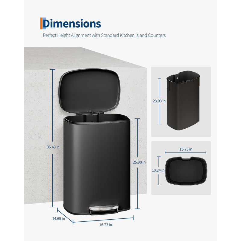 Poubelle à mains-libres GarveeHome - Poubelle de cuisine en acier inoxydable de 50 L (13,2 gallons) pour le bureau à domicile - Couvercle à fermeture en douceur, seau intérieur amovible, solution de recyclage des déchets de grande capacité, couleur noire