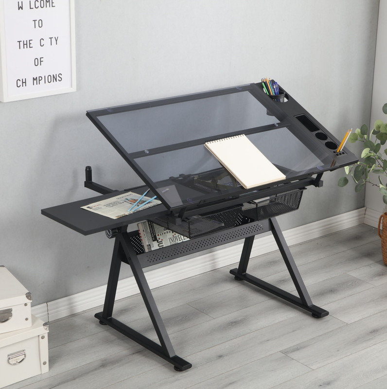 Table à dessin, table d'artiste à plateau en verre réglable à 0-75 ° avec tabouret - Bureau de dessin réglable en hauteur avec grand rangement pour la peinture et l'artisanat - Idéal pour les designers et les étudiants en art (noir)
