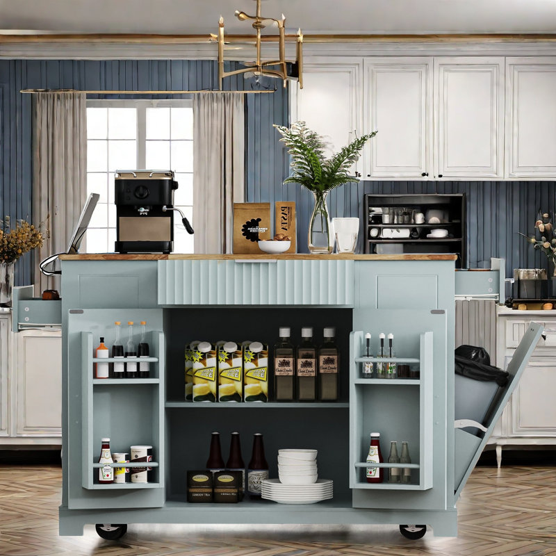 Bickley  Kitchen Island With Tilt-out Trash Can, Power Outlet, Internal Storage Rack, 3 Drawers And 3 Open Side Racks