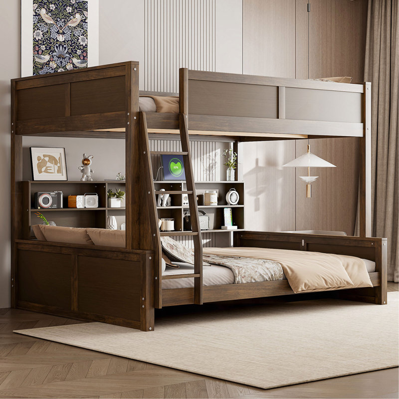 Lit double superposé au-dessus de grand lit double avec armoires de rangement et ports USB, Double XL, Brun