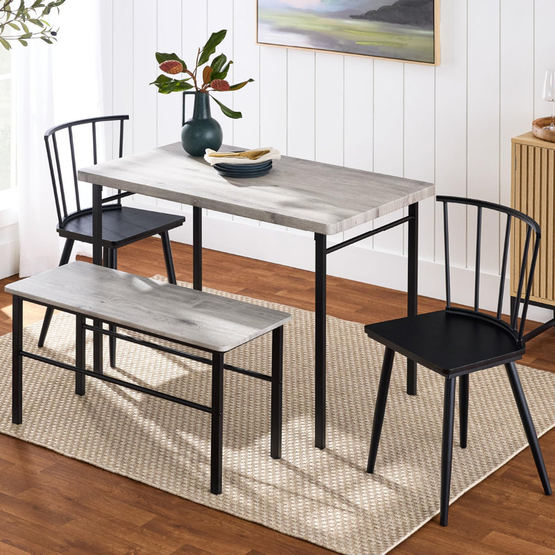  Ensemble de table de salle à manger 4 pièces avec 2 fauteuils, banc de table, table de cuisine, chaises Windsor, Gris