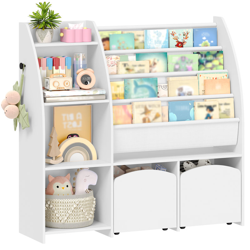 Organisateur de rangement pour jouets, grande bibliothèque l 41 po pour enfants avec 2 bacs de rangement mobiles, présentoir à livres à 4 niveaux pour salle de jeux, chambre à coucher, salle de classe, blanc