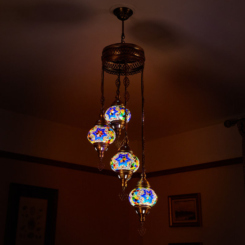Karlie 4 - Light Antique Bronze Cluster Pendant, Blue/Yellow/Green