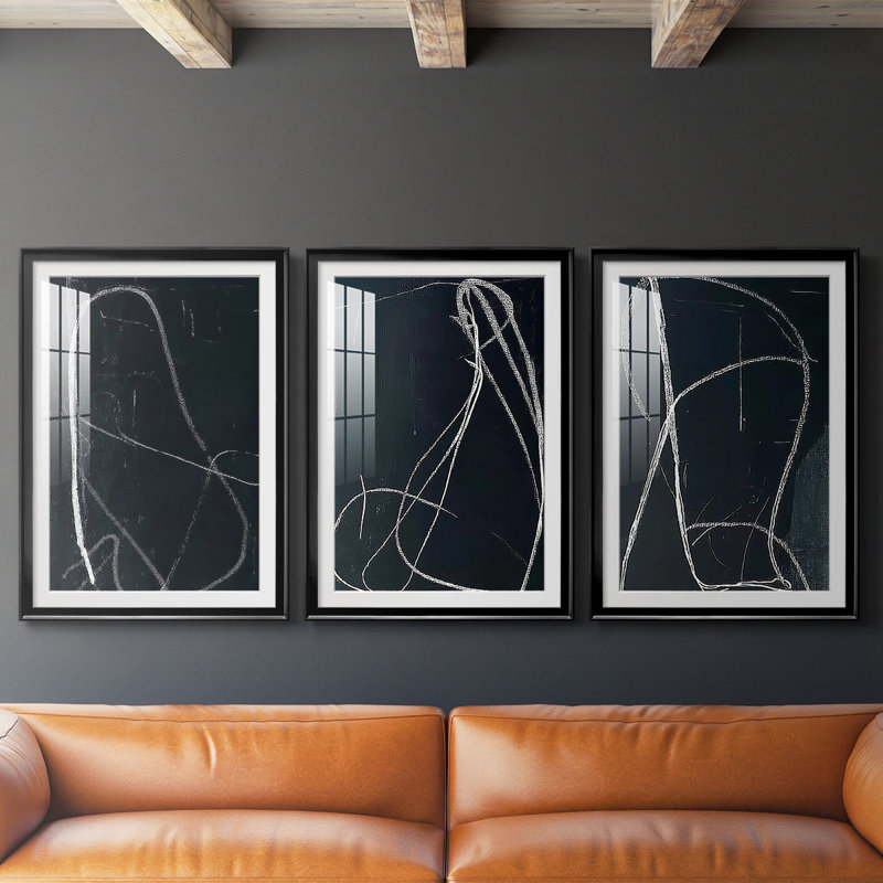 ABSTRACT Series DCxxxxi - Impression encadrée sur mesure de qualité supérieure - 3 pièces, Noir, H 30 po x l 63 po