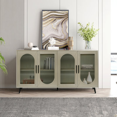 TV Stand for 65+ Inch TV, Wood TV Stand with Storage Cabinet & Adjustable Shelves, Media TV Console for Living Room Bedroom(Champagne)