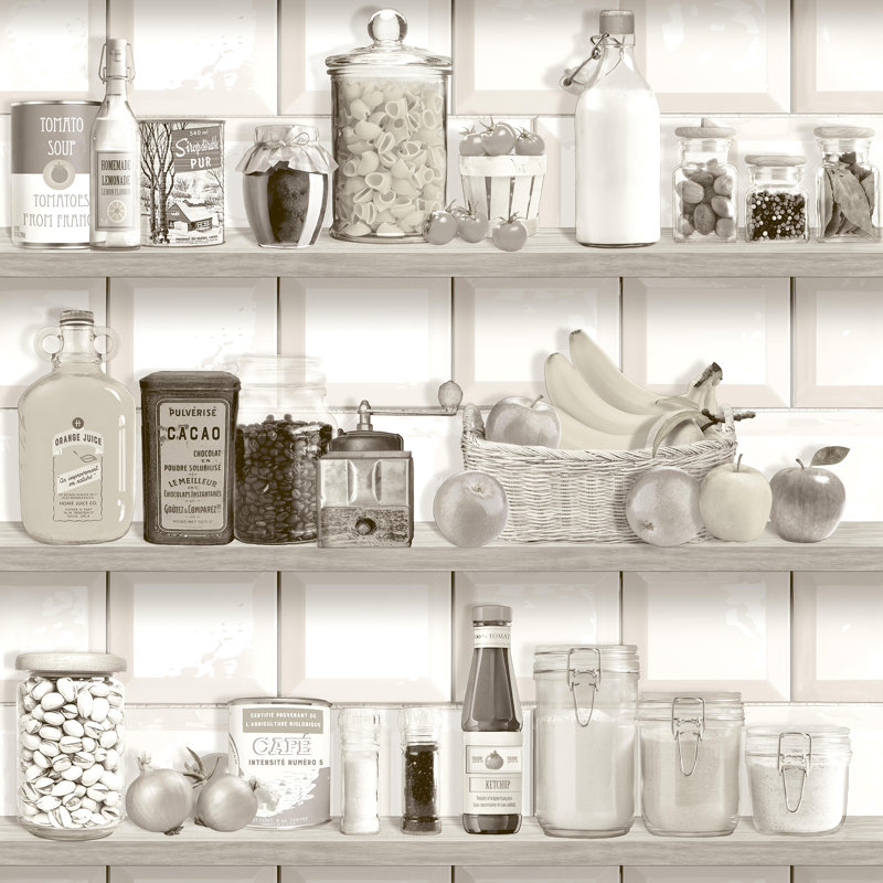 Kitchen Shelf Stories Wallpaper, Tan
