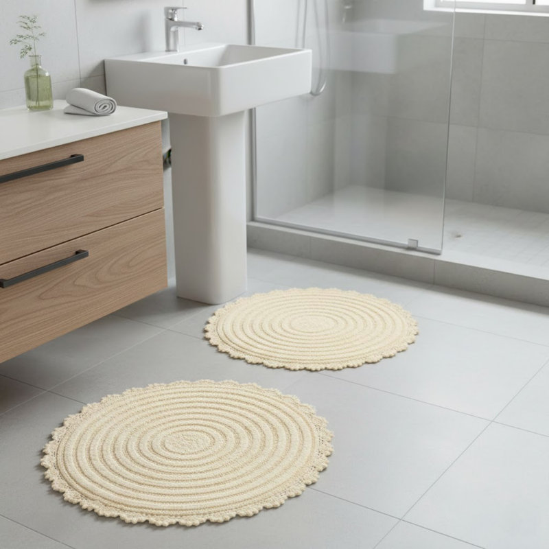 Bathroom Rugs - 2-Piece Cotton Bath Mat Set - Non Slip Rugs For Shower, Tub, Toilet, Or Vanity - Machine Washable Bathroom Runner (Ivory)