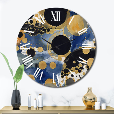 Horloge murale à motif abstrait avec textures bleues et dorées