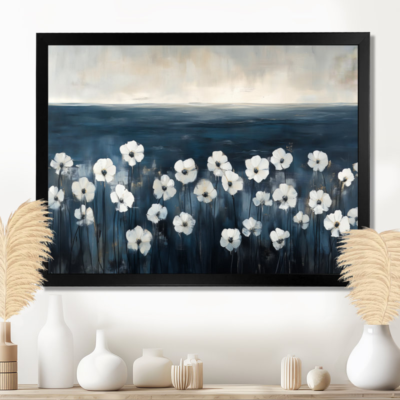 Jonquilles blanches à tiges noires - Décoration murale florale sur toile, 12" H x 20" W, Black Picture Framed