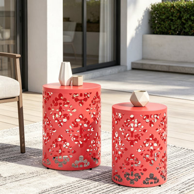 2-Piece Weather-Resistant Metal Patio End Tables, Hollow-Carved Round Side Tables for Balcony, Yard