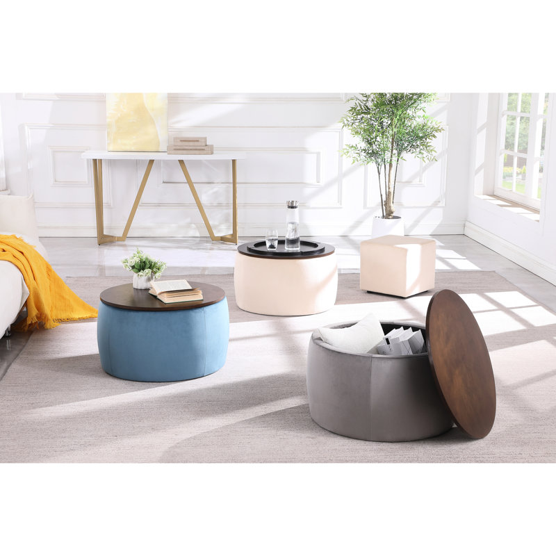 Rond avec rangement, combinaison de velours bleu 2 en 1 pour le bureau de la chambre à coucher, repose-pieds carré confortable, jeu de plateau réversible et fonction de plateau, rangement