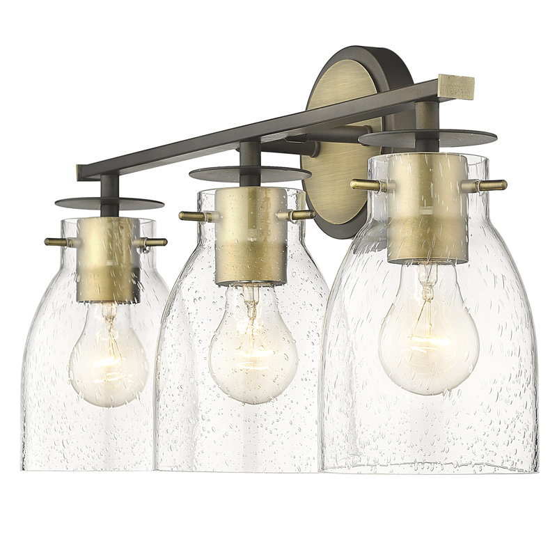 Meuble-lavabo 3 lumières 22,5 po en bronze huilé et laiton antique avec verre granuleux transparent.