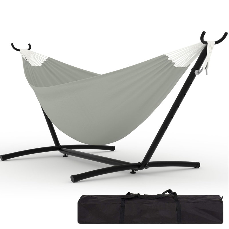 Hamac double avec support, capacité de 227 kg, ensemble de hamac portable en acier robuste pour l'intérieur et l'extérieur, sac de transport inclus, gain de place, montage rapide (gris pâle)