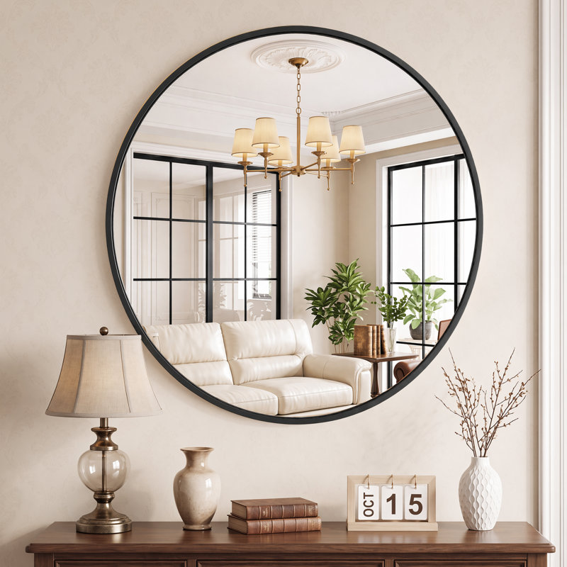 Metal Round Wall Mirror, 24" x 24", Black