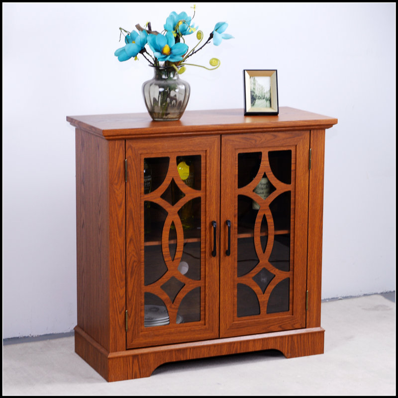 Spacious Sideboard With 2 Clear Tempered Glass Doors And Adjustable Shelf For Dining, Kitchen, And Living Rooms, Dark Oak