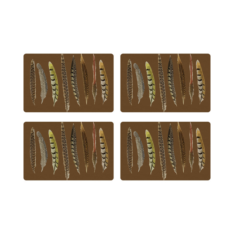 Pheasant Feathers Vegan Leather Rectangle Pebble Placemat, Brown
