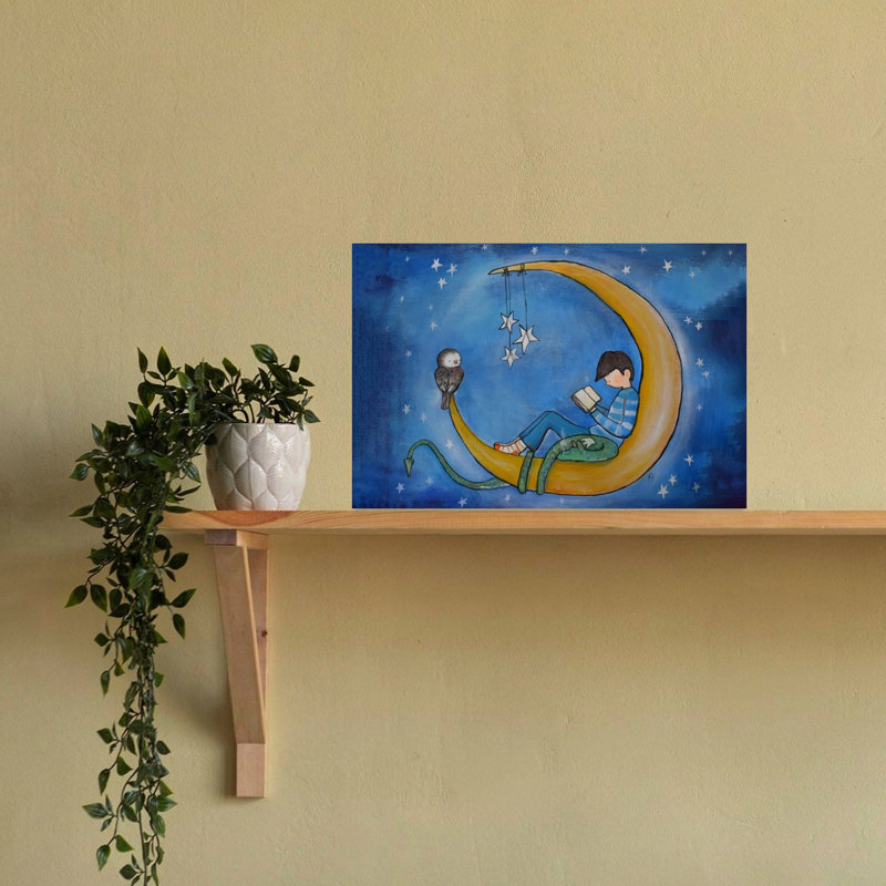 Garçon lisant sur la lune, art mural abstrait contemporain avec oiseau hibou et paysage forestier, H 16 po x l 24 po