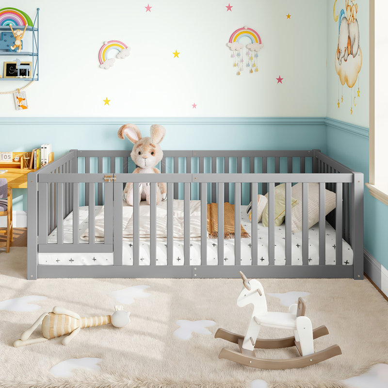 Lit simple avec garde-corps et porte pour enfants, Lit simple, Gris