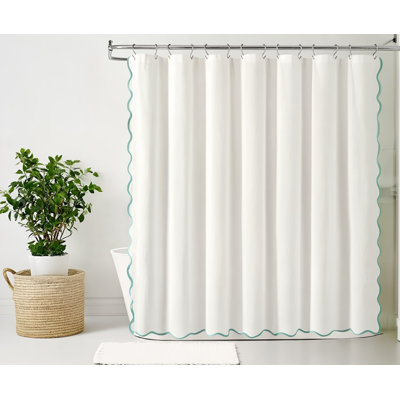 Recycled Cotton Scallop Edge Blue Trim White Shower Curtain