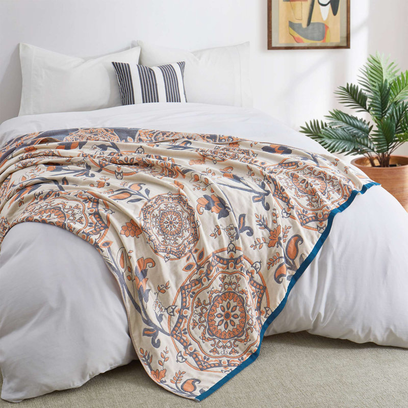 100% Natural Cotton Throw Blanket, Soft Breathable Woven Boho Throw for Couch, Sofa & Bed - Decorative Farmhouse Knit Blanket