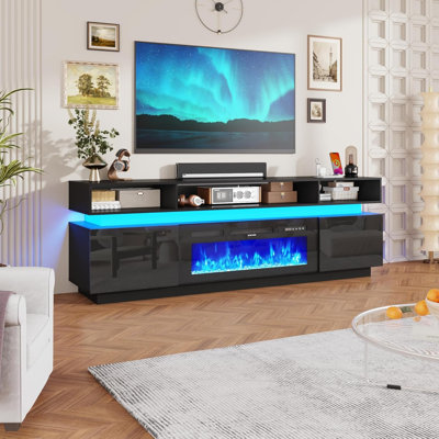 Meuble télé 83 po avec lumières DEL et prises de courant ultrabrillantes, centre de divertissement avec foyer encastré de 50 po, pour téléviseur de 95 po ou moins, console média de jeu pour le salon