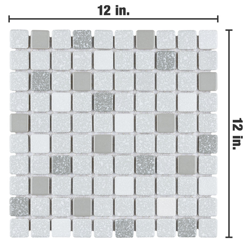 Crystalline Square 1.1" x 1.1" Porcelain Grid Mosaic Wall & Floor Tile, Gray/White